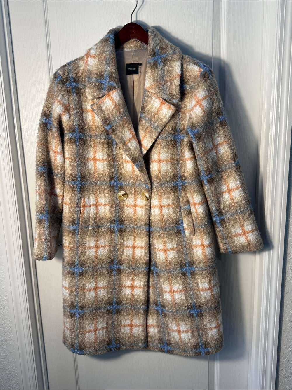 Cliche’ Beige, Blue, Rust Plaid Wool-Blend Full-Length Coat Sz L